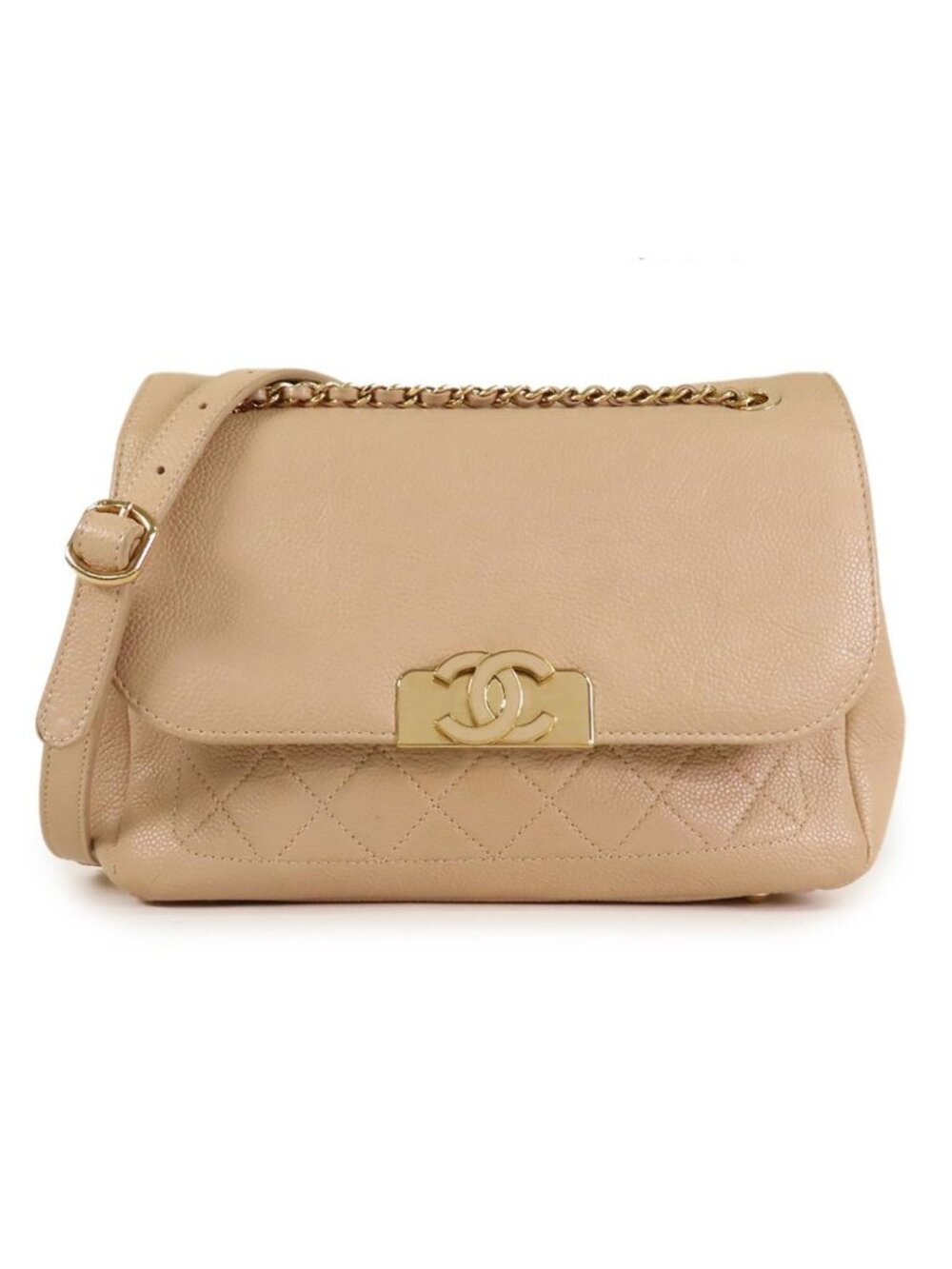 Chanel Face Chain Shoulder Bag Beige Gold Caviar Leather Quilted CC Logo